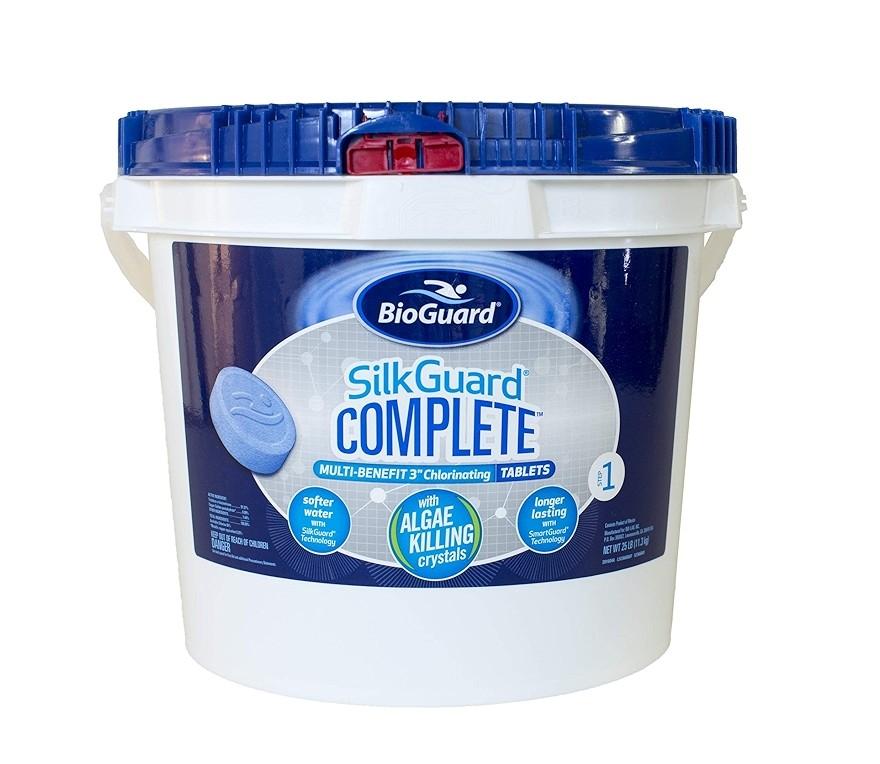 Picture of a 25lb bucket of Bioguard Brand Silkguard Complete Tablets